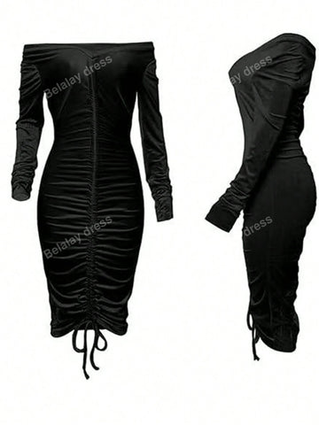 Women's Summer Solid Color Pleated Slim Fit Long Sleeve Dress