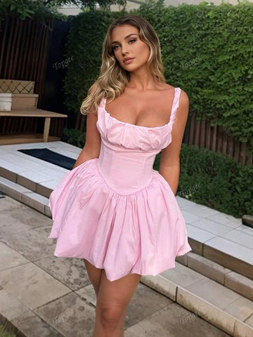 Women's Summer Solid Color Ruched Hem Elegant Spaghetti Strap Short Dress