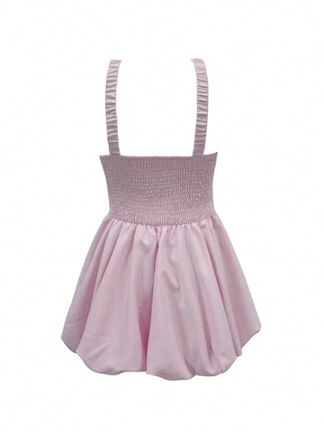 Women's Summer Solid Color Ruched Hem Elegant Spaghetti Strap Short Dress