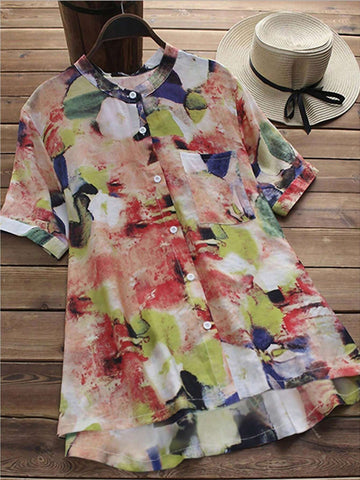 Women's Summer Tie-Dye Printed Short Sleeve Casual Loose Shirt With Pocket