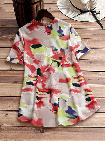 Women's Summer Tie-Dye Printed Short Sleeve Casual Loose Shirt With Pocket