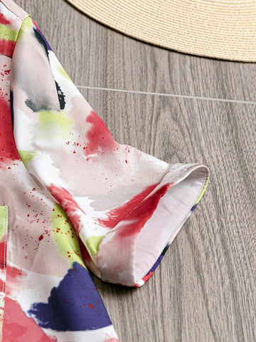 Women's Summer Tie-Dye Printed Short Sleeve Casual Loose Shirt With Pocket