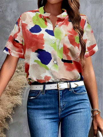 Women's Summer Tie-Dye Printed Short Sleeve Casual Loose Shirt With Pocket