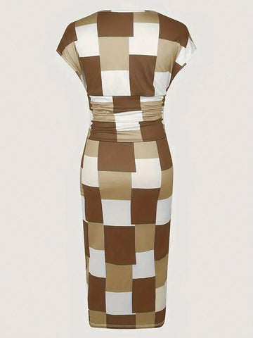 Women's Summer V-Neck Checked Print Jumpsuit With Off-Shoulder Sleeves