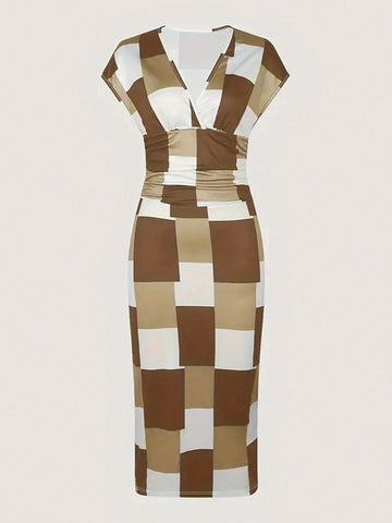 Women's Summer V-Neck Checked Print Jumpsuit With Off-Shoulder Sleeves