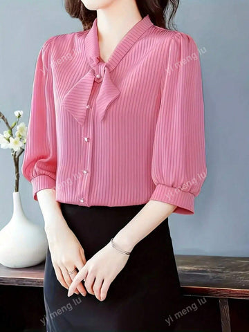 Women's Summer V-Neck Tie Knot 3/4 Sleeve Striped Casual Blouse