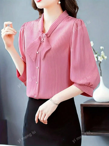 Women's Summer V-Neck Tie Knot 3/4 Sleeve Striped Casual Blouse