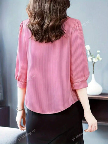 Women's Summer V-Neck Tie Knot 3/4 Sleeve Striped Casual Blouse
