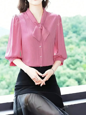 Women's Summer V-Neck Tie Knot 3/4 Sleeve Striped Casual Blouse