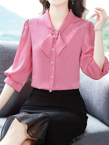 Women's Summer V-Neck Tie Knot 3/4 Sleeve Striped Casual Blouse