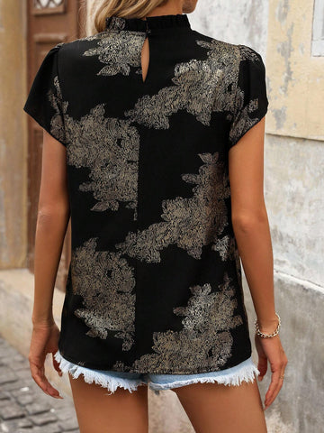 Women's Summer Woven Gold-Stamped Drawstring Casual Roundneck Top With Ruffled Sleeves