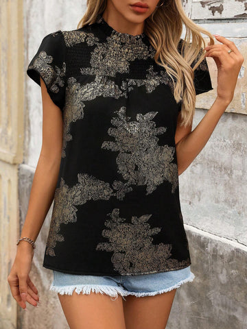 Women's Summer Woven Gold-Stamped Drawstring Casual Roundneck Top With Ruffled Sleeves