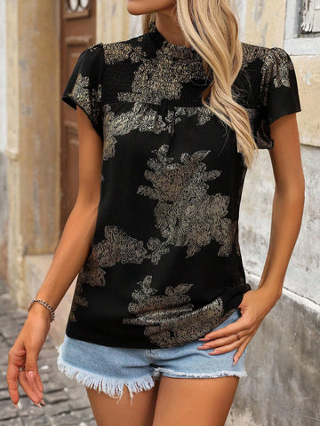 Women's Summer Woven Gold-Stamped Drawstring Casual Roundneck Top With Ruffled Sleeves