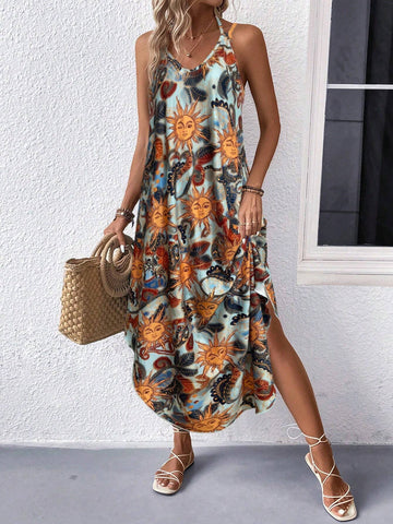 Women's Sun Paisley Print Curved Hem Spaghetti Strap Dress