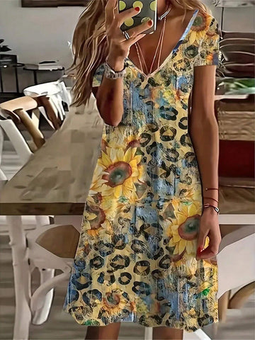 Women's Sunflower Patchwork With Leopard Print Short Sleeve Dress