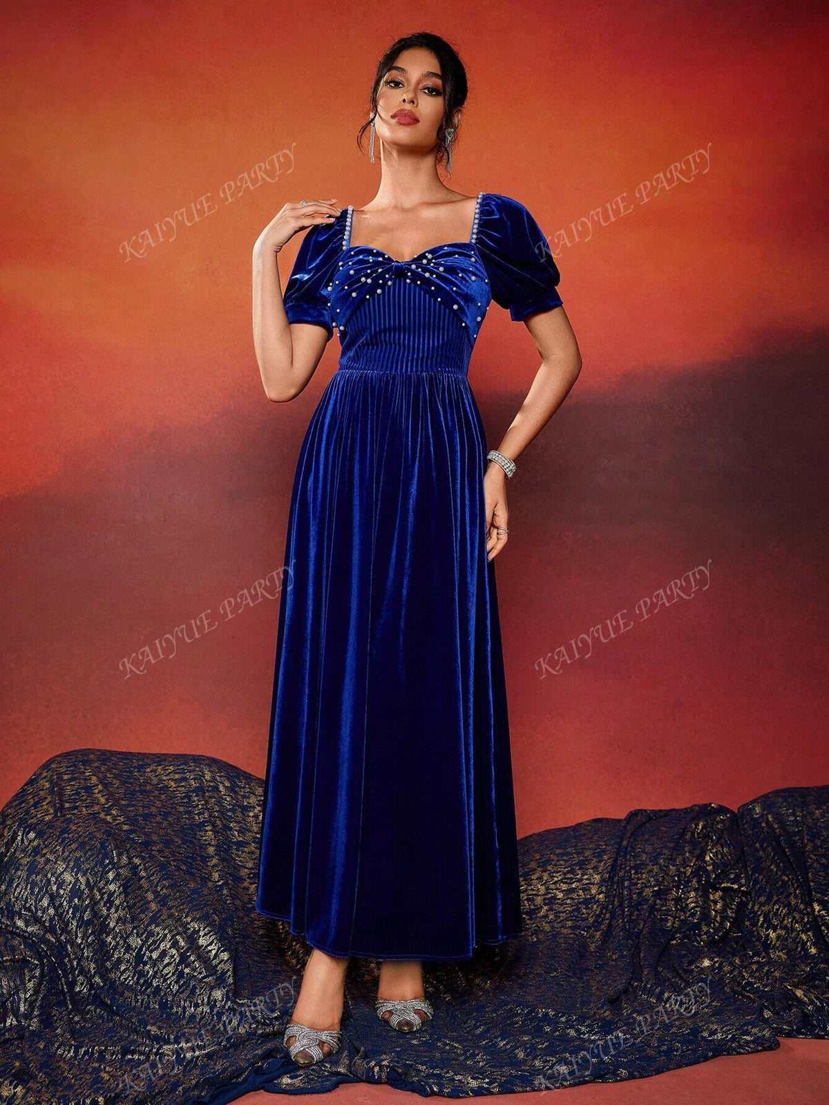 Women's Sweetheart Collar Faux Pearl Decor Pleated Short Sleeve Cocktail Party Dress (Heavily Embellished)