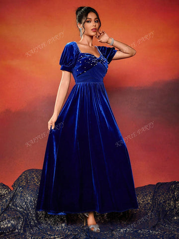 Women's Sweetheart Collar Faux Pearl Decor Pleated Short Sleeve Cocktail Party Dress (Heavily Embellished)