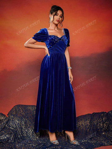 Women's Sweetheart Collar Faux Pearl Decor Pleated Short Sleeve Cocktail Party Dress (Heavily Embellished)