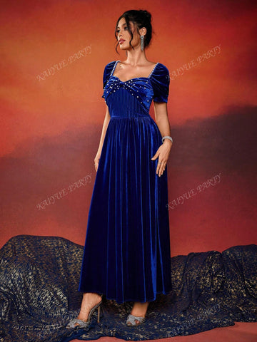 Women's Sweetheart Collar Faux Pearl Decor Pleated Short Sleeve Cocktail Party Dress (Heavily Embellished)