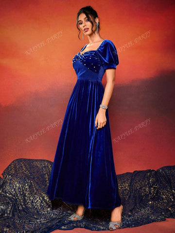 Women's Sweetheart Collar Faux Pearl Decor Pleated Short Sleeve Cocktail Party Dress (Heavily Embellished)