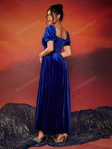 Women's Sweetheart Collar Faux Pearl Decor Pleated Short Sleeve Cocktail Party Dress (Heavily Embellished)