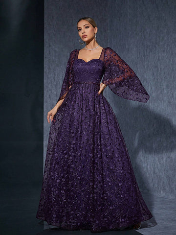 Women's Sweetheart Neckline Embroidered Sheer Mesh Trumpet Sleeve High-End Evening Dress, Bridesmaid Dress