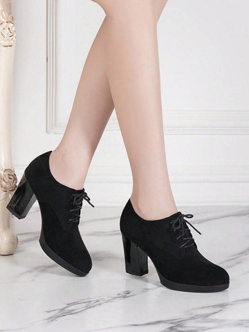 Women's Thick Heel Pumps With Waterproof Platform, Suede Upper, Closed Toe Design