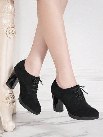Women's Thick Heel Pumps With Waterproof Platform, Suede Upper, Closed Toe Design