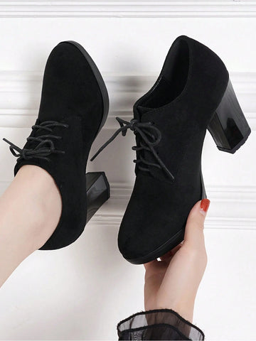 Women's Thick Heel Pumps With Waterproof Platform, Suede Upper, Closed Toe Design