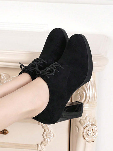 Women's Thick Heel Pumps With Waterproof Platform, Suede Upper, Closed Toe Design