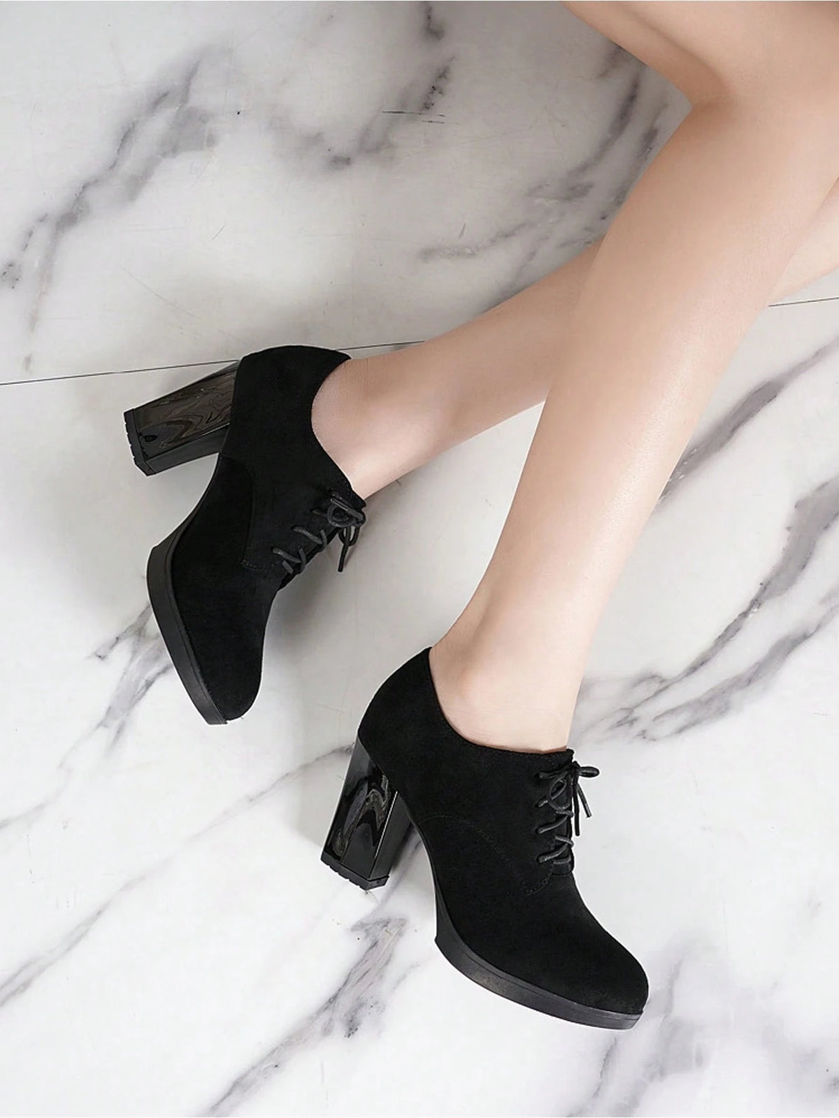 Women's Thick Heel Pumps With Waterproof Platform, Suede Upper, Closed Toe Design