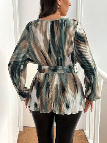 Women's Tie Dye Print Cross V-Neck Long Sleeve Knit Shirt, Autumn