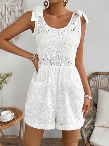 Women's Tie Shoulder Embroidered Romper