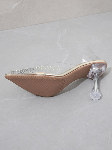 Women's Transparent Crystal Stilettos Sandals, Thick Heel Comfortable High Heels, Pointed Toe Sandals For Wide Feet, Glittering Rhinestone