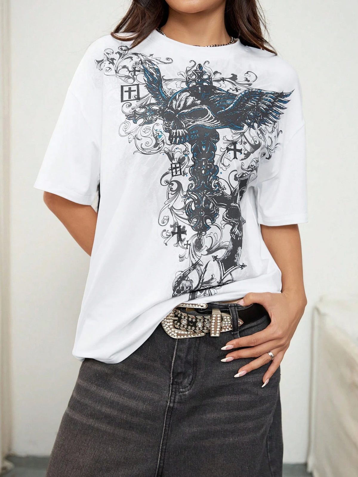 Women's Trendy Street Y2K Gothic Graphic Print Round Neck Short Sleeve T-Shirt Top