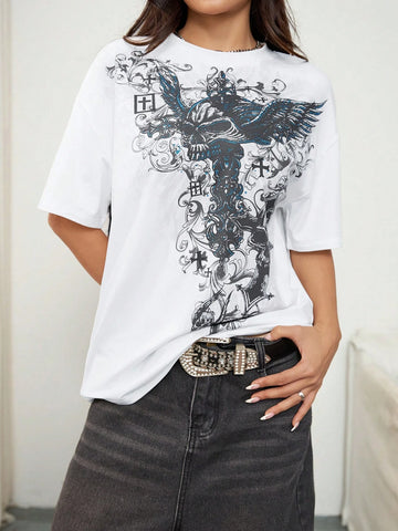 Women's Trendy Street Y2K Gothic Graphic Print Round Neck Short Sleeve T-Shirt Top