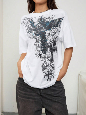 Women's Trendy Street Y2K Gothic Graphic Print Round Neck Short Sleeve T-Shirt Top
