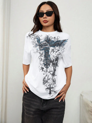 Women's Trendy Street Y2K Gothic Graphic Print Round Neck Short Sleeve T-Shirt Top