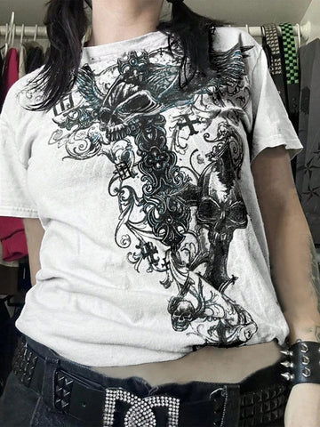 Women's Trendy Street Y2K Gothic Graphic Print Round Neck Short Sleeve T-Shirt Top