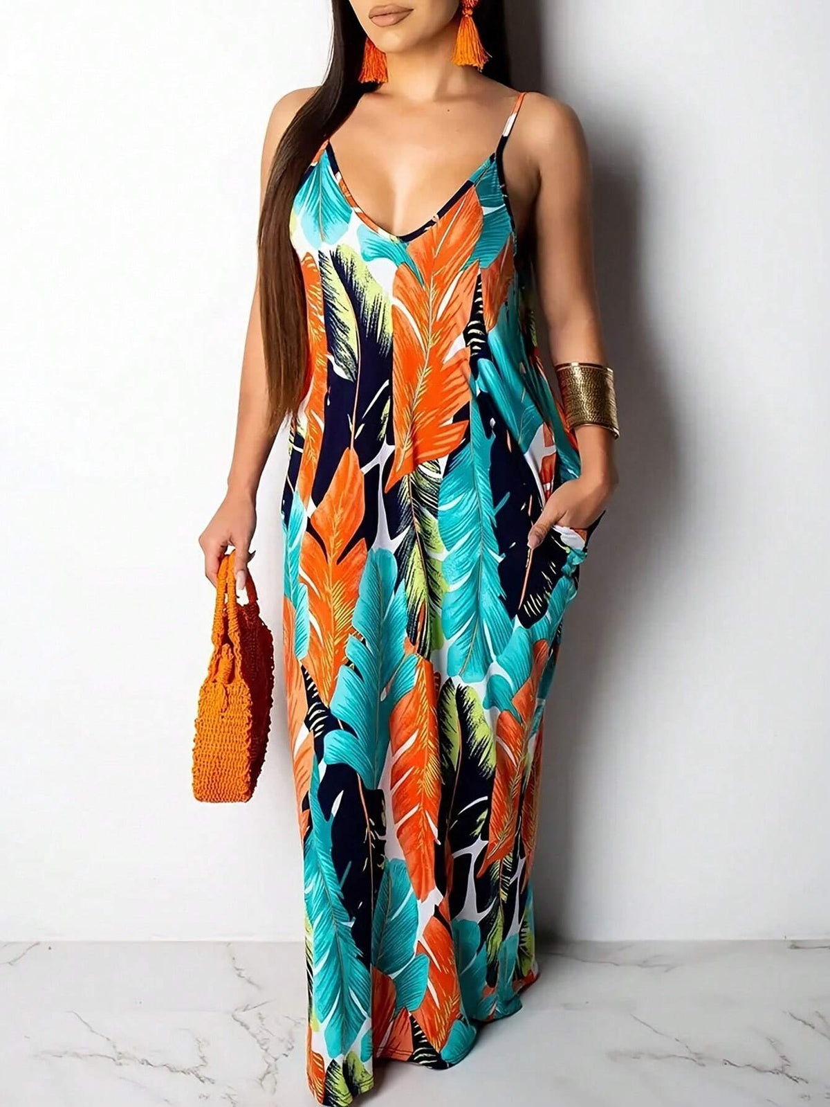 Women's Tropical Plant Print Sleeveless Cami Dress With Pockets, Summer