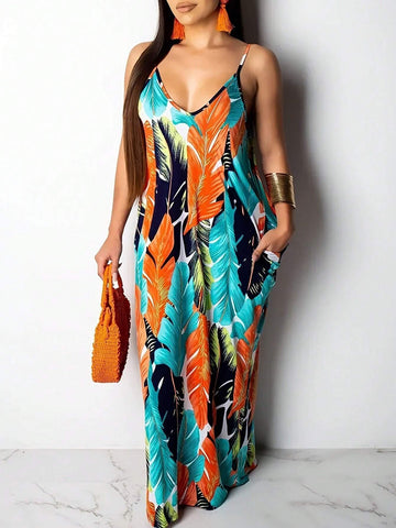 Women's Tropical Plant Print Sleeveless Cami Dress With Pockets, Summer