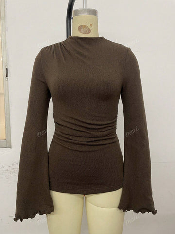 Turtleneck Flared Sleeve Ruched Slim Fit T-Shirt