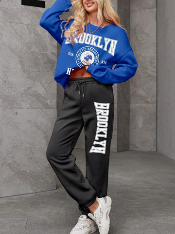 Women's Two-Piece Set Plus Cashmere Warm Multi-Color Blue Black Round Neck Hoodie Two-Piece Suit, Suitable For Autumn And Winter Warm And Comfortable, Casual All-In-One Suit