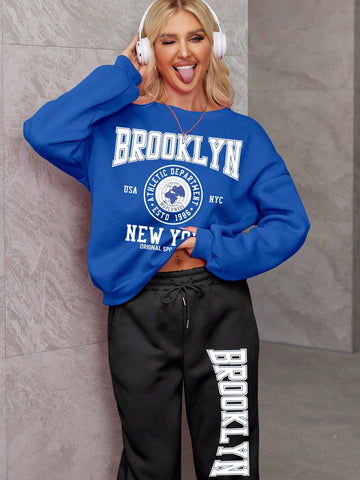 Women's Two-Piece Set Plus Cashmere Warm Multi-Color Blue Black Round Neck Hoodie Two-Piece Suit, Suitable For Autumn And Winter Warm And Comfortable, Casual All-In-One Suit