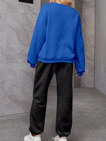 Women's Two-Piece Set Plus Cashmere Warm Multi-Color Blue Black Round Neck Hoodie Two-Piece Suit, Suitable For Autumn And Winter Warm And Comfortable, Casual All-In-One Suit