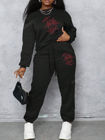 Women's Two-Piece Set Plus Fleece Crewneck Sports Hoodie And Sweatpants Suit, Suitable For Autumn And Winter Season, Plus Fleece Warm And Comfortable, Suitable For Daily Capital And Sports Scenes New Year Cartoon Snake Print