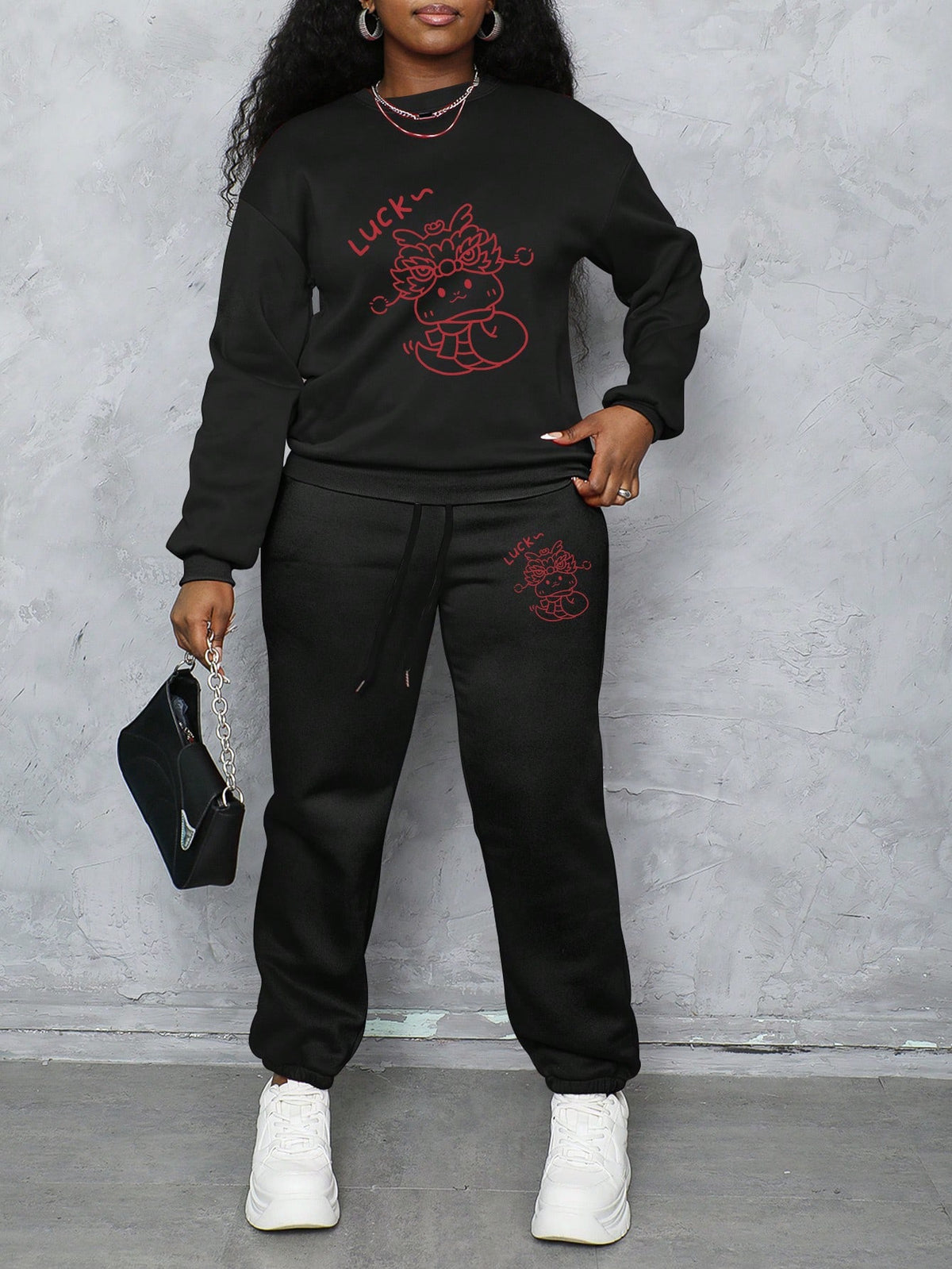 Women's Two-Piece Set Plus Fleece Crewneck Sports Hoodie And Sweatpants Suit, Suitable For Autumn And Winter Season, Plus Fleece Warm And Comfortable, Suitable For Daily Capital And Sports Scenes New Year Cartoon Snake Print