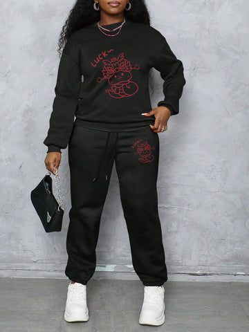 Women's Two-Piece Set Plus Fleece Crewneck Sports Hoodie And Sweatpants Suit, Suitable For Autumn And Winter Season, Plus Fleece Warm And Comfortable, Suitable For Daily Capital And Sports Scenes New Year Cartoon Snake Print