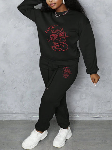 Women's Two-Piece Set Plus Fleece Crewneck Sports Hoodie And Sweatpants Suit, Suitable For Autumn And Winter Season, Plus Fleece Warm And Comfortable, Suitable For Daily Capital And Sports Scenes New Year Cartoon Snake Print