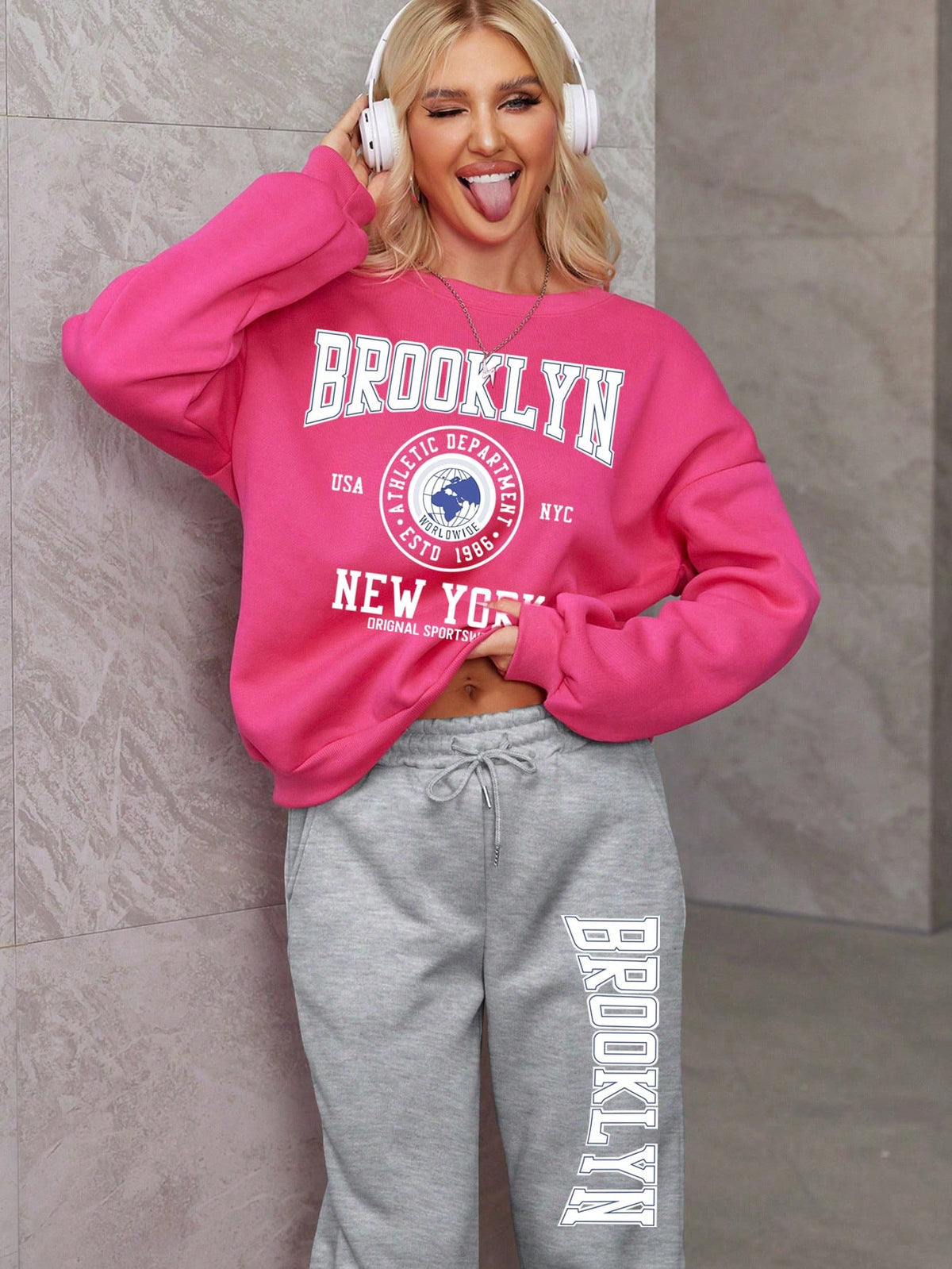 Women's Two-Piece Set With Velvet Warm Color Rose Red Light Gray Round Neck Hoodie Two-Piece Suit, Suitable For Autumn And Winter Warm And Comfortable, Casual Suit